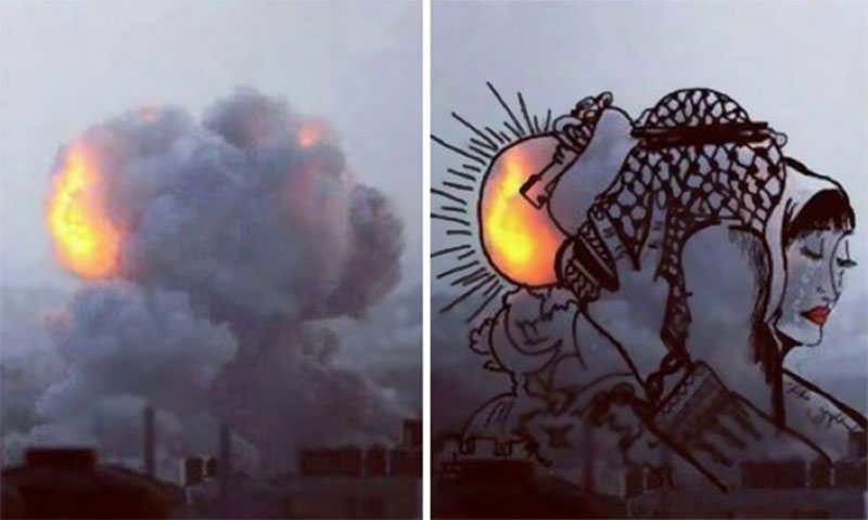 FOTOGALERÍA: Palestino transforma bombardeos israelíes en mensajes de paz