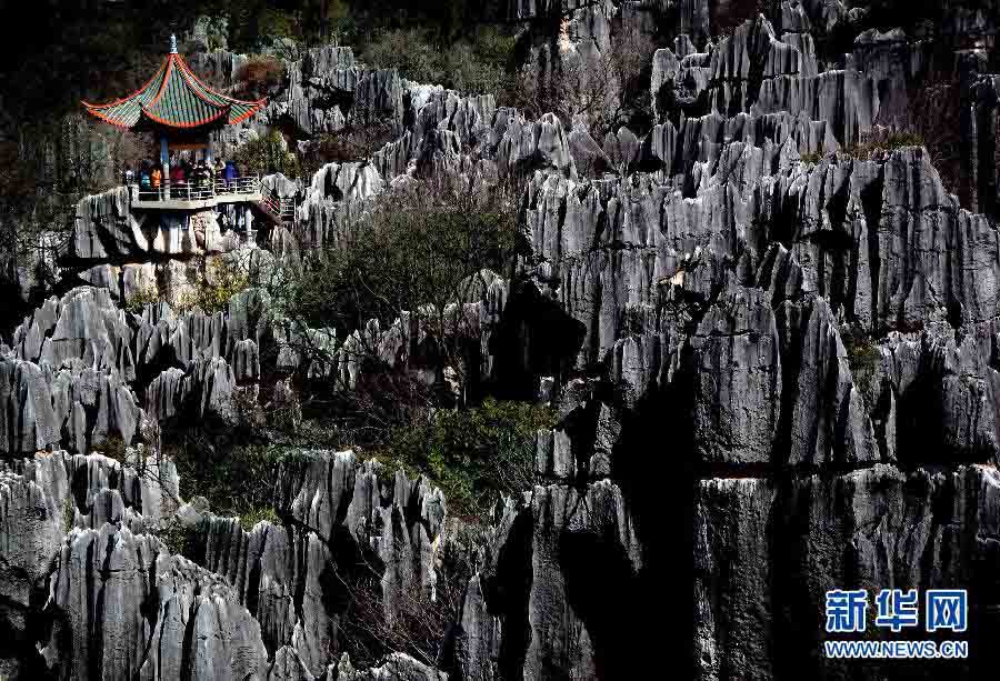  Los turistas disfrutan del paisaje cárstico en el bosque de piedra de Kunming, provincia de Yunnan. (Foto: Song Wang)