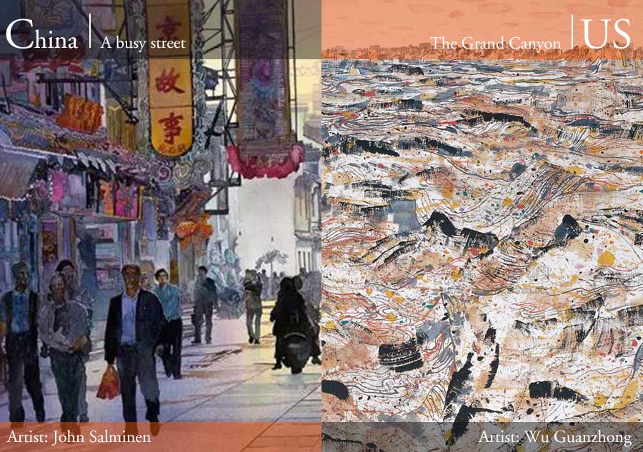 Pinturas de John Salminen (izquierda) y Wu Guanzhong (derecha). [Foto/people.com.cn, artron.net]
