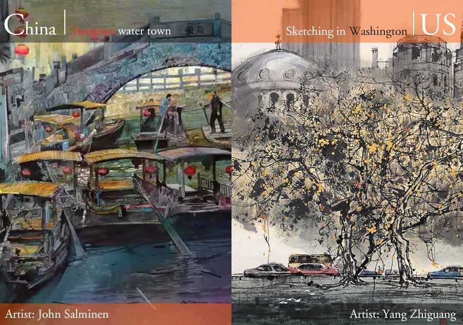 Pinturas de John Salminen (izquierda) y Yang Zhiguang (derecha). [Foto/people.com.cn, artron.net]