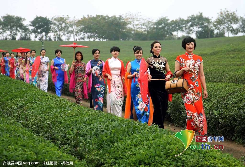 Desfile de directoras vestidas de Qipao en antiguo pueblo chino