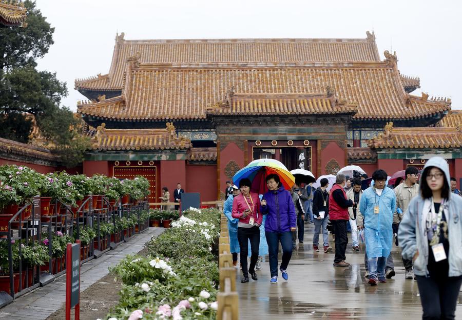 Los visitantes disfrutan de la exposición de flores de peonia en el Museo de Palacio en Beijing, el 12 de abril de 2016. [Foto / Xinhua]