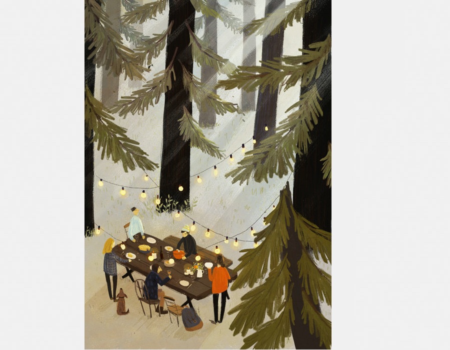Ilustración de Lu Mao de una fiesta en el bosque. [Foto a chinadaily.com.cn]