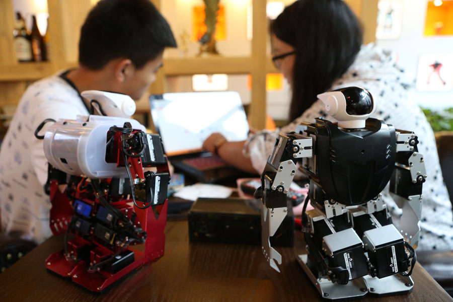 Técnicos trabajan en la programación de los robots de la cafetería. 