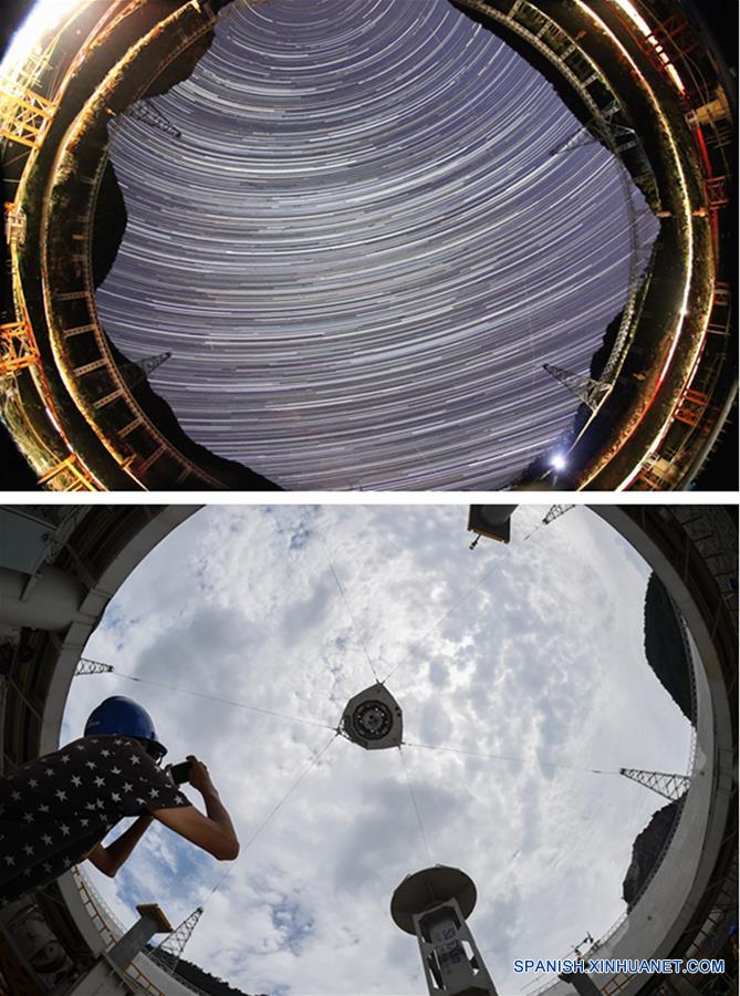 GUIZHOU, julio 3, 2016 (Xinhua) -- Imagen combinada del cielo desde la cabina de la fuente de retroalimentación del Telescopio de Apertura Esférica de 500 metros o "FAST", en el condado de Pingtang, provincia de Guizhou, en el suroeste de China, tomada el 21 de agosto de 2014 (arriba) y el 28 de junio de 2016 (abajo). La instalación del mayor radiotelescopio del mundo finalizó el domingo por la mañana después de que la última pieza de los 4,450 paneles se fijara en el centro del enorme reflector. El proyecto cuenta con el potencial de rastrear más objetos extraños para entender mejor el origen del universo e impulsar la búsqueda global de vida extraterrestre. (Xinhua/Ou Dongqu)