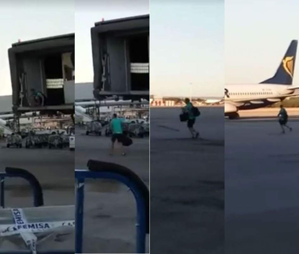 Un pasajero corre por la pista del aeropuerto de Madrid para no perder su avión
