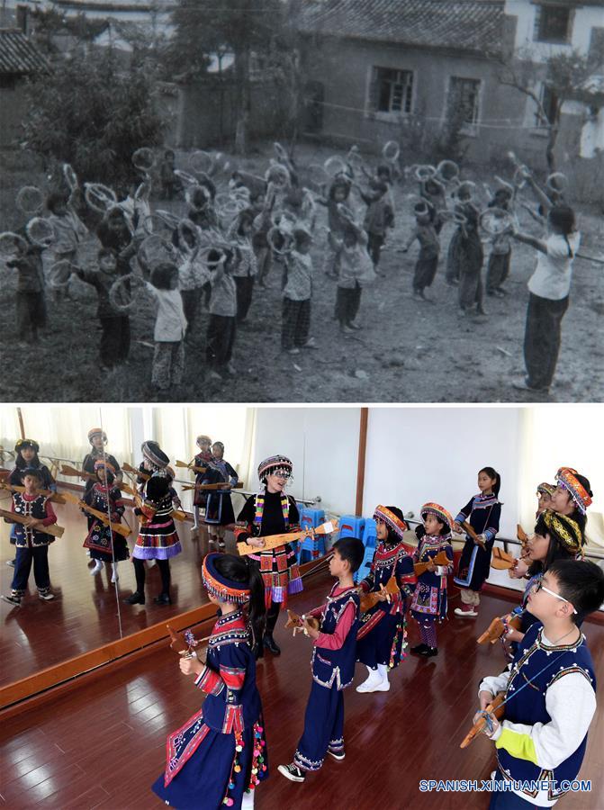 En la foto superior tomada el 13 de enero del presente año se ven unos niños en la clase de deporte en el distrito de Mojiang en la década 50 del siglo pasado. La inferior muestra una clase de música de una escuela primaria del mismo distrito.