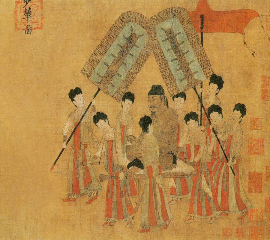 El emperador Taizong recibe al enviado tibetano, una pintura de seda de Yan Liben para mostrar el encuentro amistoso entre la dinastía Tang (618-907) y el Tíbet. [Foto / Xinhua]