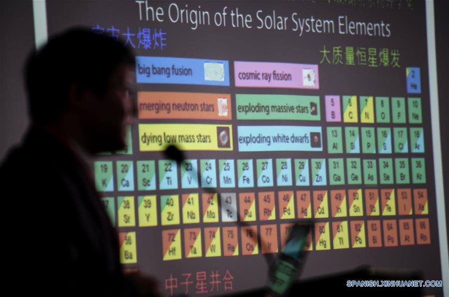 Wu Xuefeng, un científico del Observatorio de la Montaña Púrpura, participa durante una conferencia de prensa en el observatorio en Nanjing, en la provincia de Jiangsu, en el este de China, el 16 de octubre de 2017. Científicos chinos anunciaron el lunes la observación con un telescopio en la Antártida de la "contraparte óptica" de las ondas gravitacionales que provienen de la fusión de dos estrellas de neutrones binarias. Las ondas gravitacionales fueron descubiertas por primera vez por los detectores del Observatorio de Interferometría Láser de Ondas Gravitacionales (LIGO), en Estados Unidos, el 17 de agosto. El telescopio chino observó de manera independiente al siguiente día señales ópticas resultado de la fusión, de acuerdo con el Centro para la Astronomía de la Antártida de China. Ésta es la primera vez que los humanos han detectado ondas gravitacionales y el fenómeno electromagnético correspondiente resultado de una fusión de estrellas de neutrones binarias. (Xinhua/Li Xiang)