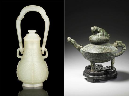 Se cree que una talla de jade de la dinastía Qing (izquierda) y el recipiente de bronce conocido como Tiger Ying fueron saqueados del antiguo Palacio de Verano de Beijing en 1860.
