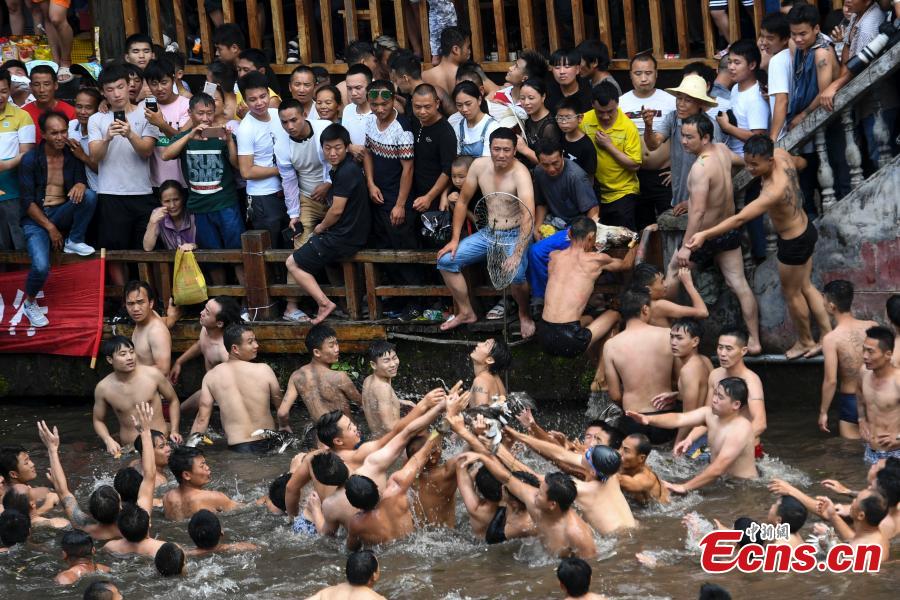 Se celebra la tradición de agarrar patos en una ciudad de Hunan