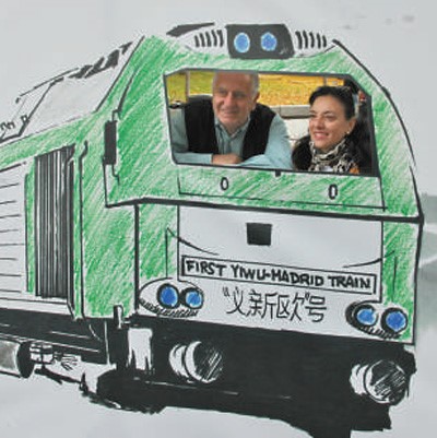 Los madrileños se toman fotos en la recreación artística del China Railway Express “Yiwu-Xinjiang-Europa”. (Foto: Jiang Bo/Diario del Pueblo)
