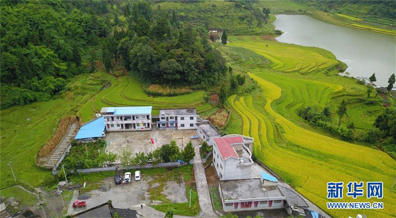Una foto aérea muestra la Escuela Primaria Gugang, en un edificio con techo azul a la izquierda, en la aldea de Liuguang, provincia de Guizhou, suroeste de China, el 27 de agosto de 2019. [Foto / Xinhua]