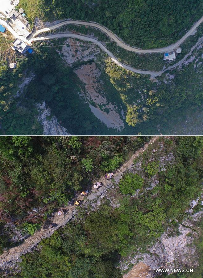 La foto combinada muestra varias carreteras finalizadas (arriba, 11 de noviembre de 2019) y a los aldeanos que regresan a casa caminando por las montañas (abajo, 15 de abril de 2016) en la aldea Bahao del condado autónomo Yao de Dahua, en la región autónoma Zhuang de Guangxi, al sur de China. 