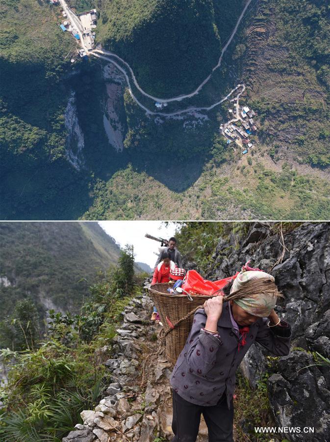 La foto combinada muestra varias carreteras finalizadas (arriba, 11 de noviembre de 2019) y a los aldeanos que regresan a casa caminando por las montañas (abajo, 26 de febrero de 2016) en la aldea Bahao del condado autónomo Yao de Dahua, en la región autónoma Zhuang de Guangxi, al sur de China.