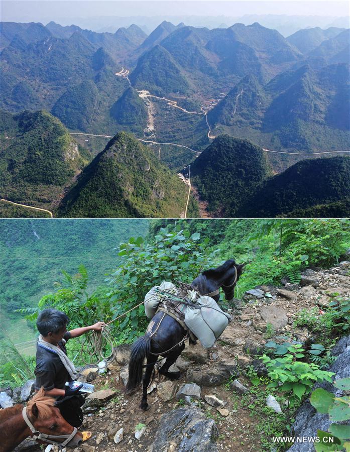 La foto combinada muestra varias carreteras finalizadas (arriba, 11 de noviembre de 2019) y a un aldeano con dos caballos de transporte en las montañas (abajo, 18 de junio de 2014) en la aldea Nongyong del condado autónomo Yao de Dahua, en la región autónoma Zhuang de Guangxi, al sur de China. 