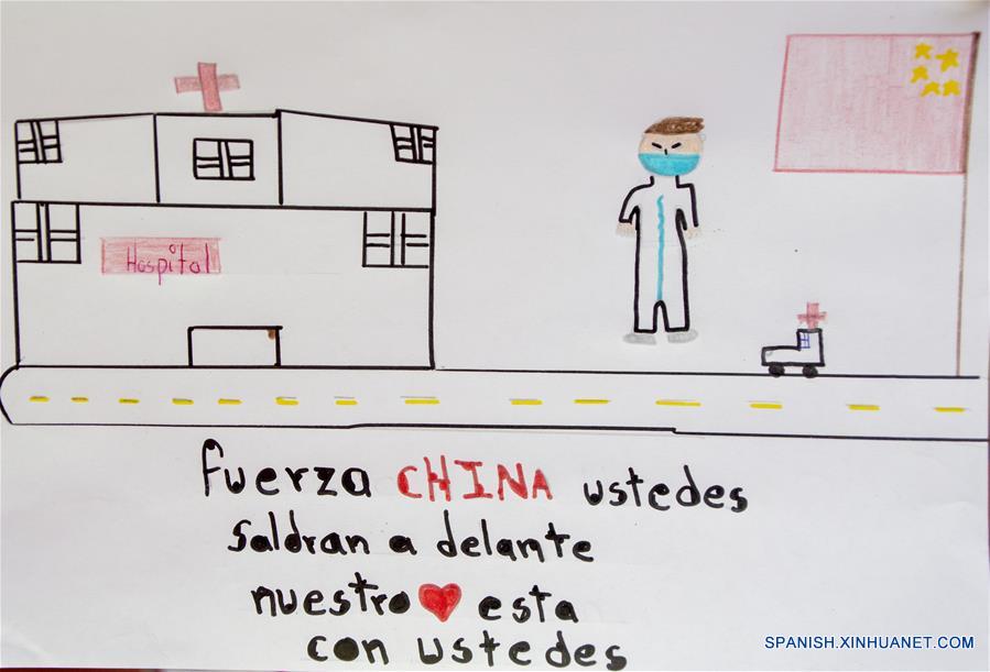 QUITO, 11 febrero, 2020 (Xinhua) -- Imagen del 8 de febrero de 2020 del dibujo que elaboró Aillyn Iza, de 10 años, con el mensaje "Fuerza China ustedes saldrán adelante, nuestro corazón está con ustedes", en solidaridad con China en su lucha contra el coronavirus, en Quito, capital de Ecuador. (Xinhua/Santiago Armas)