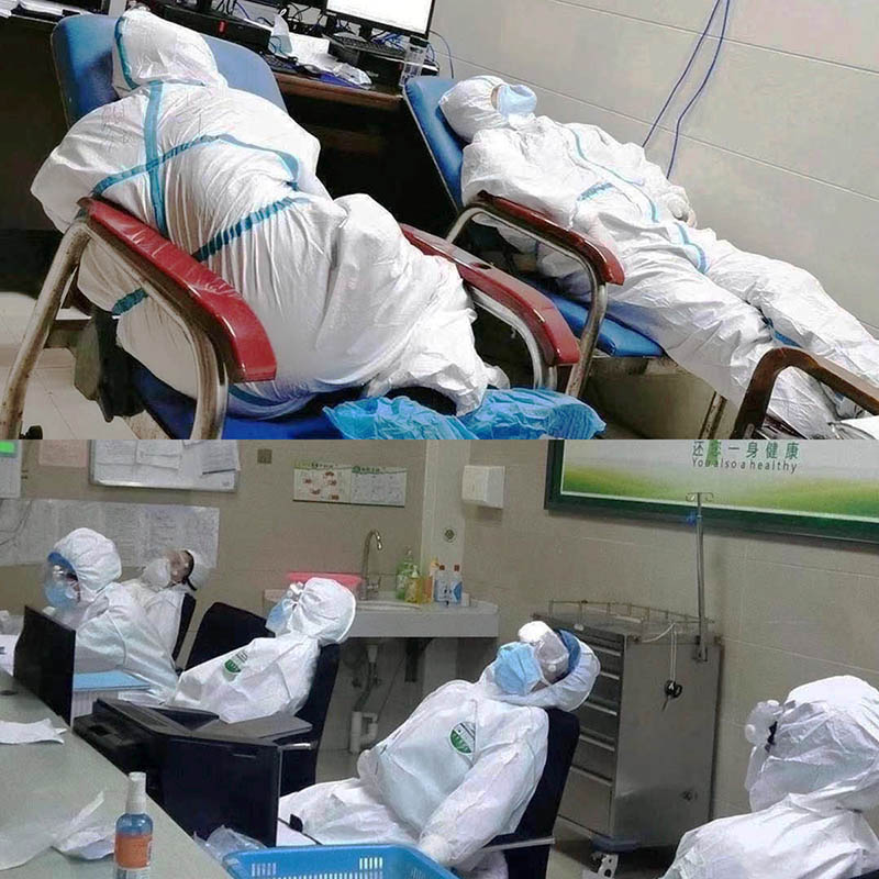 Los trabajadores de la salud del Hospital Jinyintan toman un descanso.  [Foto: Xinmin Semanal]