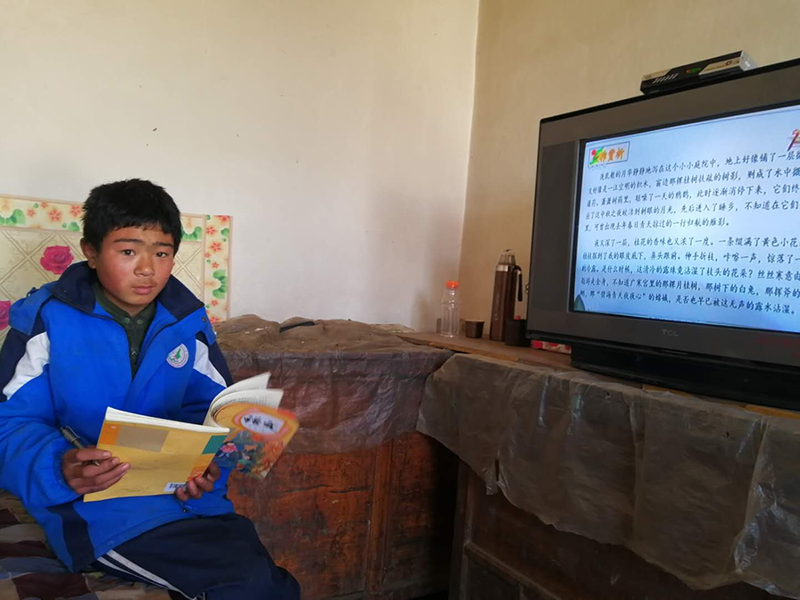 Un estudiante participa en una clase en línea por televisión en Guyuan, región autónoma de Ningxia Hui.  [Foto: Chen Jianlei / Chinadaily]