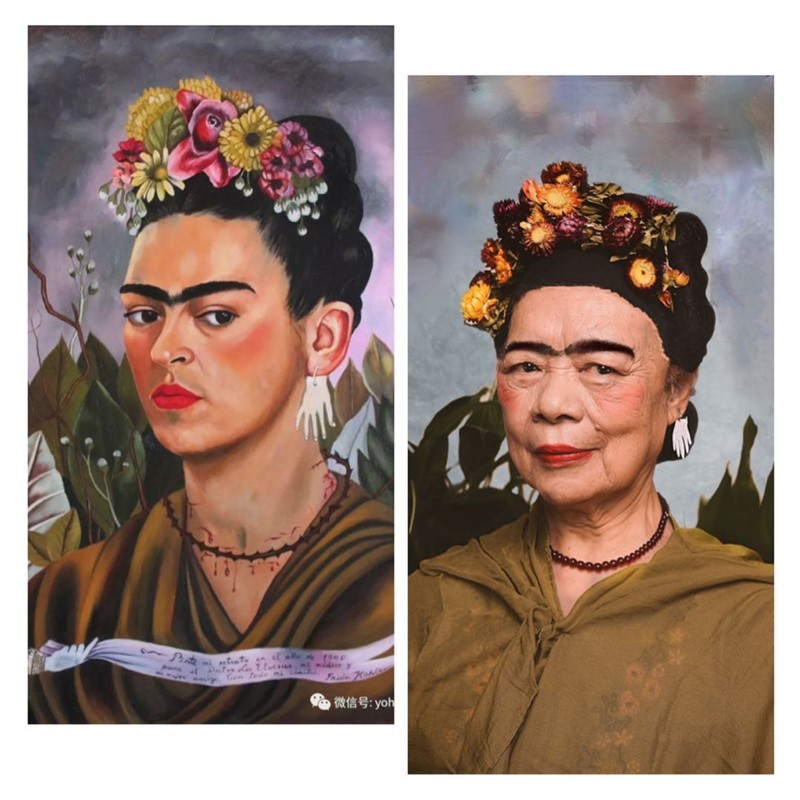 Una persona mayor del Hogar de Ancianos de la Comunidad Yangpu en Shanghai se hace una foto imitando a Frida Khalo en uno de sus autorretratos. [Foto proporcionada a China Daily]