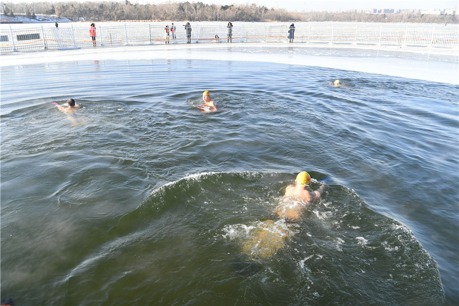 La gente nada en el lago helado de Nanhu el viernes. [Foto proporcionada a chinadaily.com.cn]