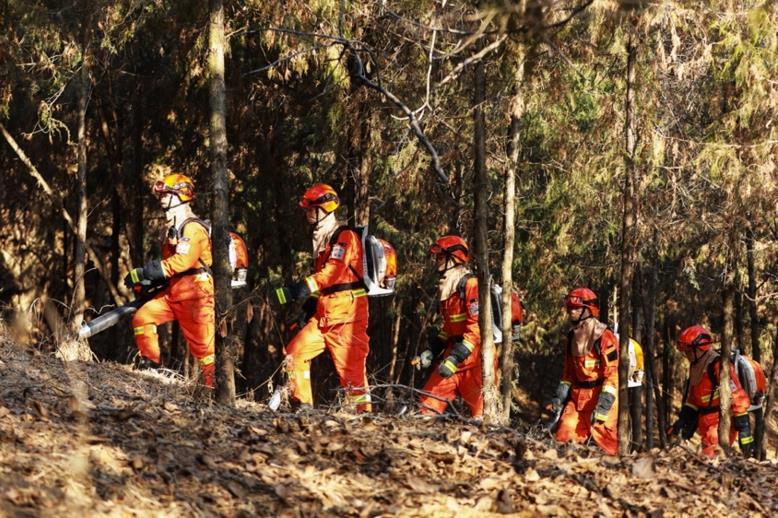 El 1 de enero, los bomberos forestales de la sección de Huangling, perteneciente al Cuerpo de Lucha contra Incendios Forestales de Gansu en Shaanxi realizan patrullas de protección contra incendios en el Área escénica de la Tumba Huangdi. Zhang Xiaojun / Pueblo en Línea