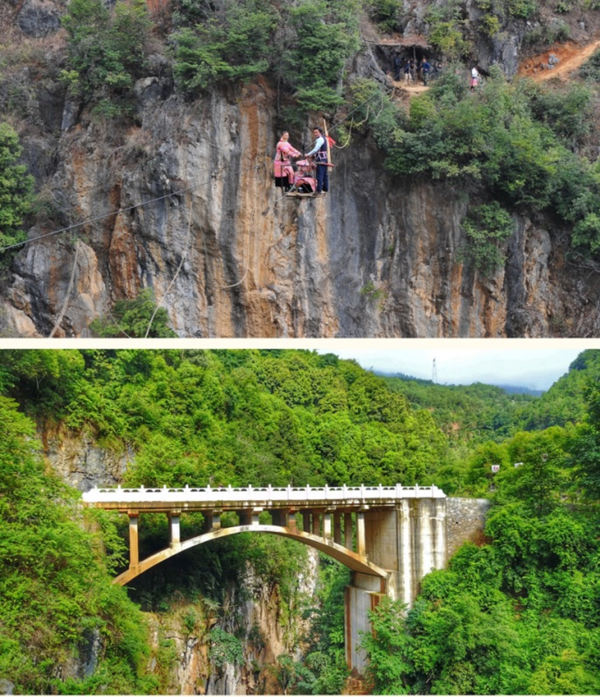 Antes del 2012, los residentes de la aldea de Hongde, en el condado de Shuicheng, provincia de Guizhou, necesitaban cruzar el cañón mediante un peligro y precario puente improvisado de cables amarrados. Desde el 2013, la comunidad dispone de un seguro puente de 38 metros de largo. [Fotos: Li Yong/ Qiu Lingfeng/ China Daily]
