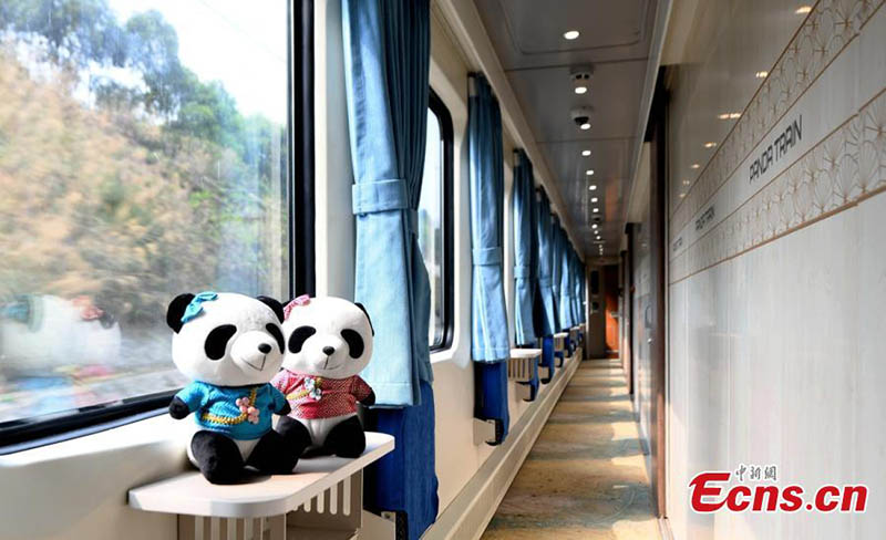 Esta foto tomada el 24 de marzo de 2021 muestra el aspecto interior del "Tren Panda". 