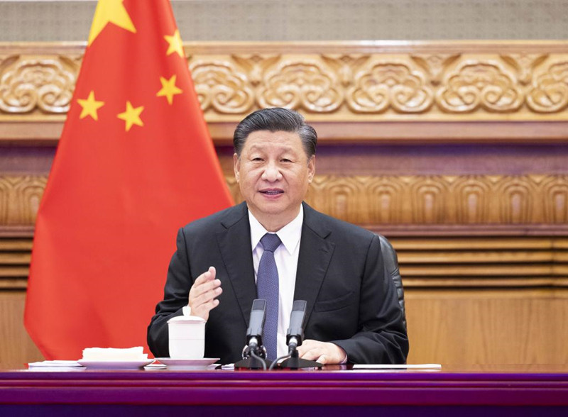 BEIJING, 5 julio, 2021 (Xinhua) -- El presidente chino, Xi Jinping, celebra una cumbre virtual con el presidente de Francia, Emmanuel Macron y la canciller de Alemania, Angela Merkel, en Beijing, capital de China, el 5 de julio de 2021. (Xinhua/Huang Jingwen)