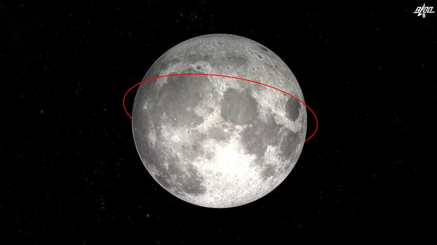 La imagen, tomada de una animación proporcionada por el Centro de Control Aeroespacial de Beijing, muestra el camino de una órbita de la sonda china Chang'e-5 alrededor de la Luna. (Xinhua/Cortesía)