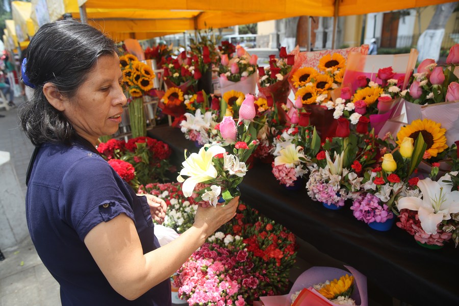 Una mujer compra un arreglo floral en la feria de flores "En San Valentín, dilo con flores" llevada a cabo con motivo del Día de San Valentín en el Parque Municipal de Barranco, en el distrito Barranco, en Lima, Perú, el 13 de febrero de 2024. (Xinhua/Mariana Bazo)