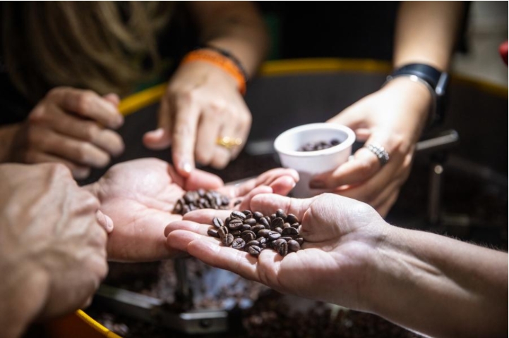 Imagen del 9 de noviembre de 2023 de visitantes observando granos de café tostados en la SIC (Semana Internacional del Café) 2023, en Belo Horizonte, Brasil.  (Xinhua/Wang Tiancong)