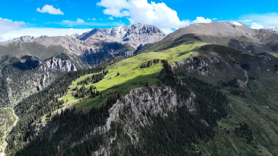 Vista aérea de Sanjiangyuan, en la prefectura autónoma tibetana de Yushu, de la provincia de Qinghai, en el noroeste de China, el 18 de junio de 2023. (Xinhua/Zhang Long)