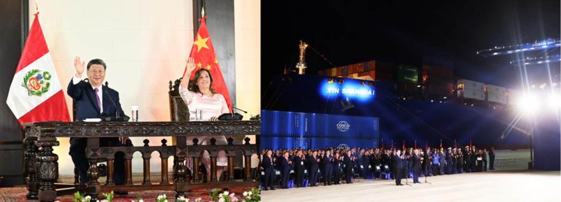 Imagen del presidente chino, Xi Jinping, asistiendo a la ceremania de inauguración del puerto de Chancay por videoconferencia, junto con su homóloga peruana, Dina Boluarte, en Lima, Perú, el 14 de noviembre de 2024. (Xinhua/Xie Huanchi, Li Mengxin)