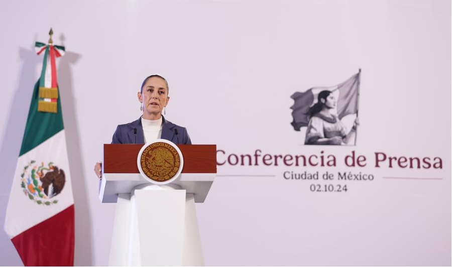 Sheinbaum Pardo, habla durante su primera conferencia de prensa matutina, en Palacio Nacional, en la Ciudad de México, capital de México, el 2 de octubre de 2024. (Xinhua/Francisco Cañedo)