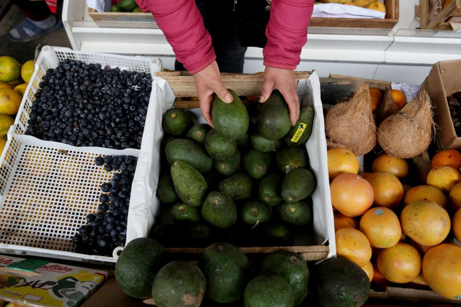 Imagen del 12 de agosto de 2024 de una vendedora acomodando aguacates en un puesto del mercado Bambú, en el distrito de Lurín, en el sur de Lima, Perú. (Xinhua/Mariana Bazo)