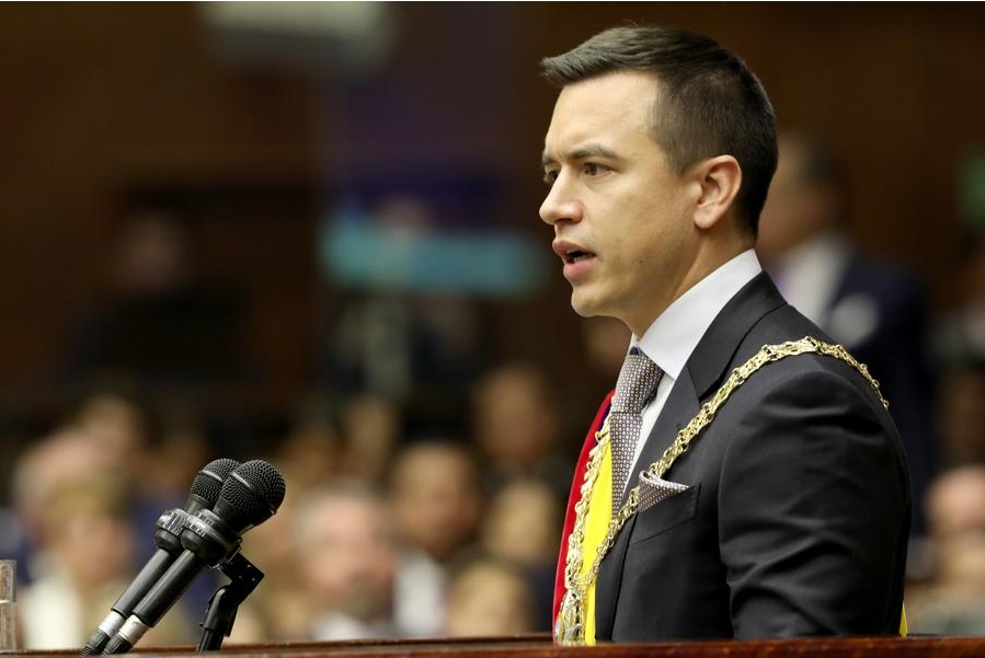 Imagen cedida por la Presidencia de Ecuador del 23 de noviembre de 2023 de Daniel Noboa, pronunciando un discurso después de prestar juramento como presidente de Ecuador, en Quito, Ecuador. (Xinhua/Presidencia de Ecuador)