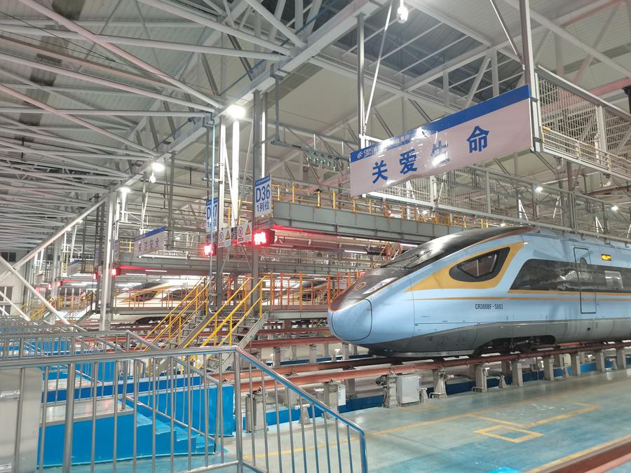 Un tren de alta velocidad se alista para ser sometido a mantenimiento en la Estación Ferroviaria del Sur de Nanjing, en la capital de la provincia oriental china de Jiangsu, el 19 de enero de 2025. (Xinhua/Jiang Wenxi)