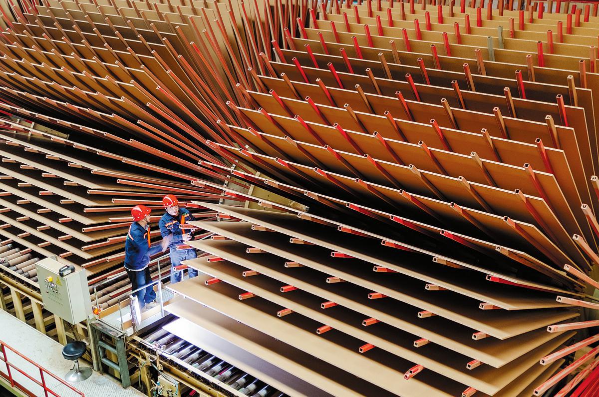 Los trabajadores toman medidas de las tablas hechas de paja en una línea de producción de Wanhua Hexiang Board en la provincia de Hubei, el 2 de diciembre. CHINA DAILY