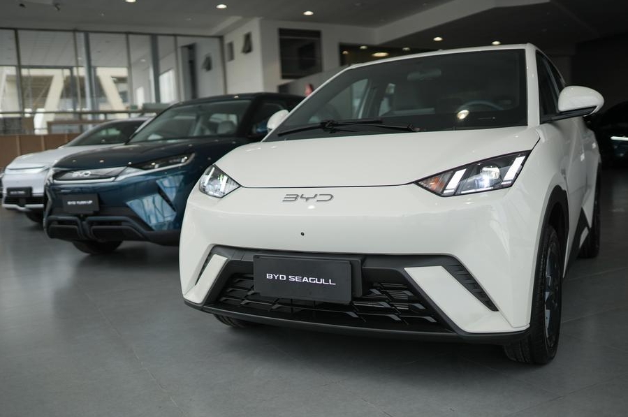 Imagen del 24 de febrero de 2025 de automóviles eléctricos exhibidos en las instalaciones del fabricante chino de vehículos eléctricos BYD, en la ciudad de Bogotá, Colombia.(Xinhua/Andrés Moreno)