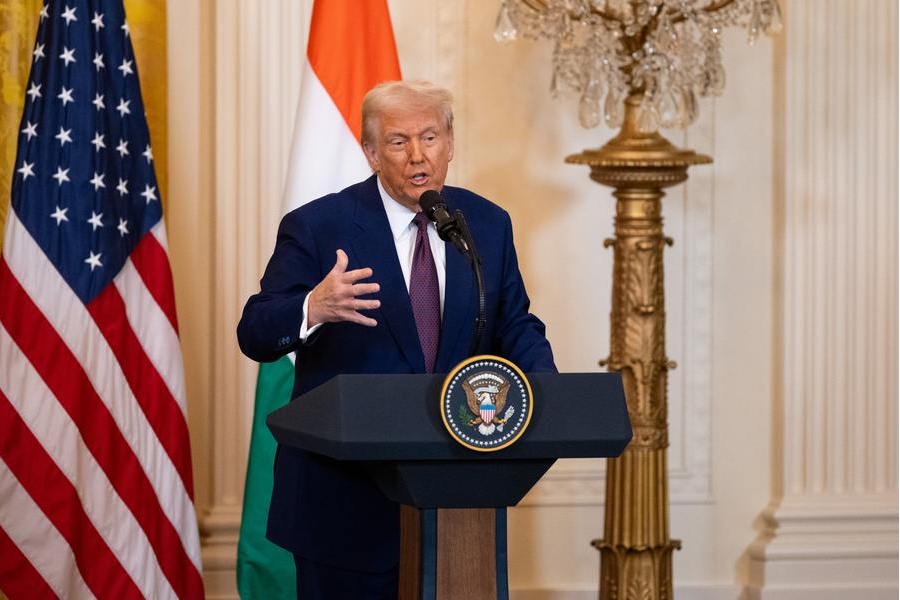 El presidente de Estados Unidos, Donald Trump, asiste a una conferencia de prensa en la Casa Blanca en Washington D.C., Estados Unidos, el 13 de febrero de 2025. (Xinhua/Hu Yousong)