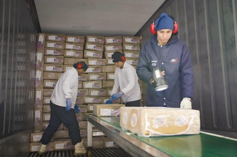 Empleados de una compañía de alimentos de Brasil empacan carne de pollo enviada a China en el Puerto de Santos, Brasil, el 14 de enero de 2020. (Xinhua/Secretaría de Agricultura y Abastecimiento del Estado de Sao Paulo) 