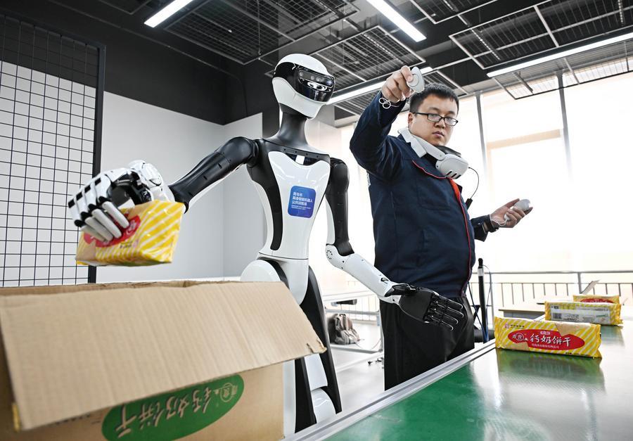 Un entrenador supervisa el adiestramiento de un robot humanoide en un escenario de línea de ensamblaje en un centro de formación pública para la IA incorporada en Qingdao, provincia de Shandong, este de China, el 22 de abril de 2026. (Xinhua/Li Ziheng)