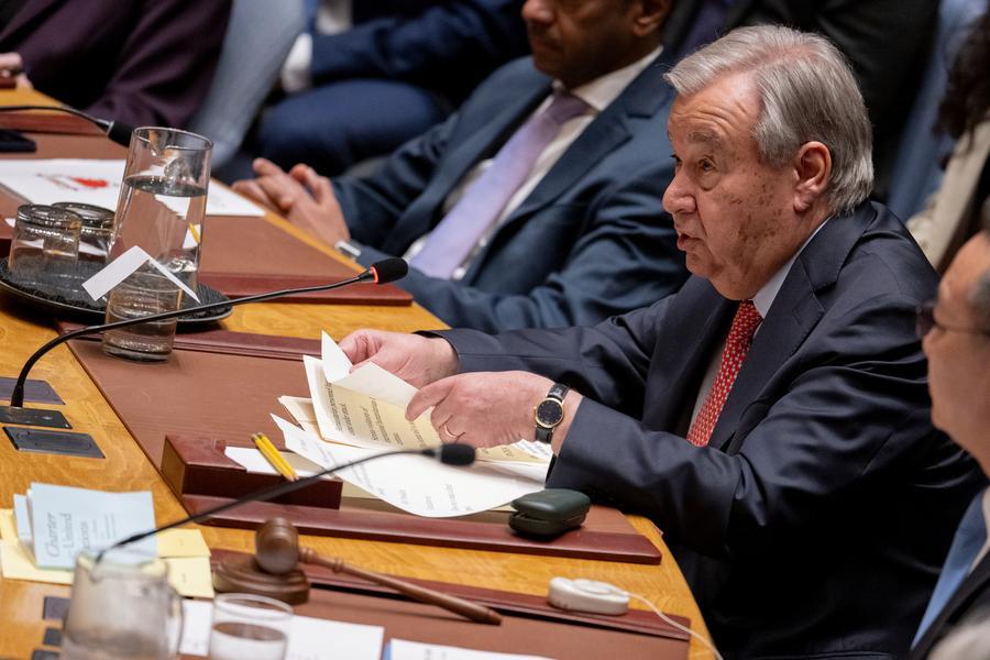 El secretario general de la ONU, António Guterres, habla en una reunión del Consejo de Seguridad sobre Ucrania en la sede de la ONU, en Nueva York, el 28 de mayo de 2026. Guterres pidió el jueves una desescalada inmediata y sostenida del conflicto en Ucrania. (Xinhua/Manuel Elias/ONU)