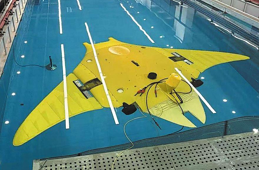 Sumergible de cuerpo blando con diseño biónico en forma de V, inspirado en una mantarraya, desarrollado por la Universidad Politécnica del Noroeste. (Foto: China Daily)