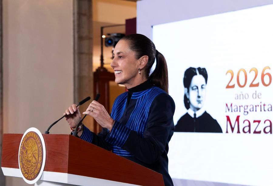 Imagen proveída por la Presidencia de México de la presidenta mexicana, Claudia Sheinbaum, durante su conferencia de prensa matutina en Palacio Nacional, en la Ciudad de México, capital de México, el 24 de agosto de 2026. (Xinhua/Presidencia de México)