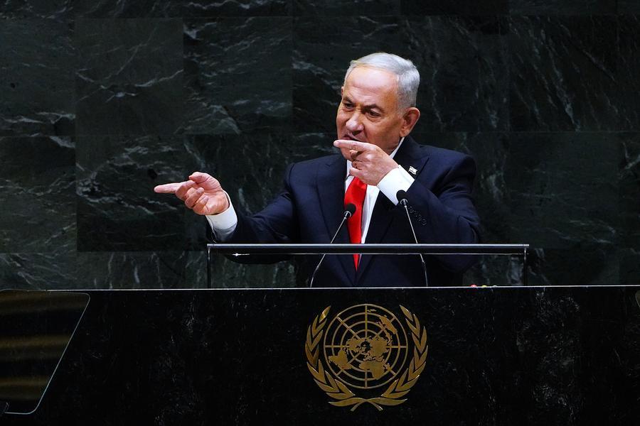El primer ministro israelí, Benjamin Netanyahu, habla durante el debate general del 81º período de sesiones de la Asamblea General de la Organización de las Naciones Unidas (ONU), en la sede de la ONU, en Nueva York, el 24 de septiembre de 2026. (Xinhua/Wu Xiaoling)