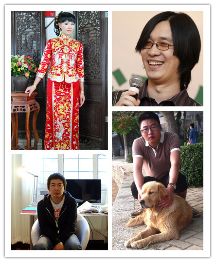 (Abajo izquierda) dibujante de animación por internet, Gao Youjun, (arriba izquierda) diseñadora de qungua ,Tang Zhiru, (abajo derecha) escritor de novelas por internet, Tangjiasanshao, (abajo derecha) escritor de novelas por internet, Xia Yi. Imágenes de China Daily.