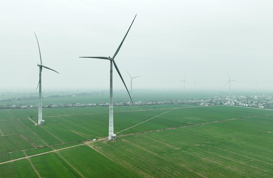 Aerogeneradores en la isla de Mianchuan, en la ciudad de Jiujiang, provincia oriental china de Jiangxi, en esta fotografía aérea del 29 de enero de 2026. (Xinhua/Wan Xiang)