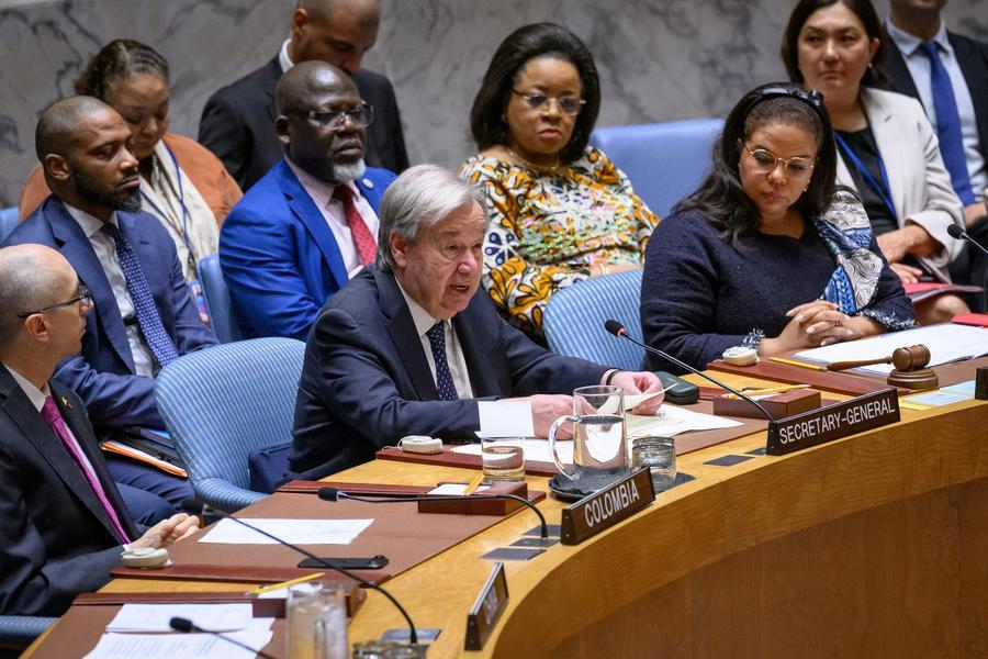 El secretario general de la Organización de las Naciones Unidas (ONU), António Guterres (c), habla en una reunión del Consejo de Seguridad sobre el reforzamiento de los mecanismos para la solución pacífica de controversias, en la sede de la ONU, en Nueva York, el 23 de julio de 2026. (Xinhua/Loey Felipe/UN Photo)